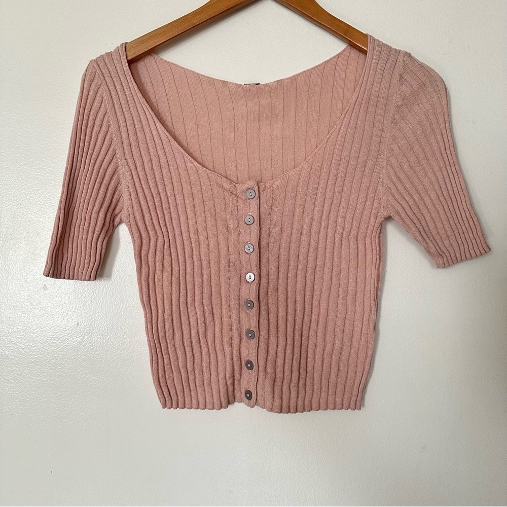 Free People Rib Knit Henley Crop Top Size Medium Balletcore Coquette Soft Girl